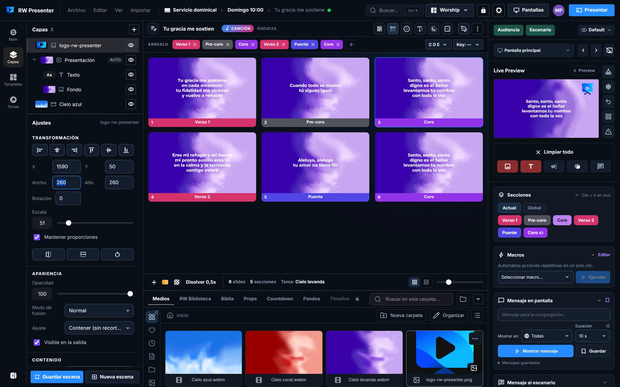 Vista de Capas de RW Presenter con capas de texto, imagen y escena