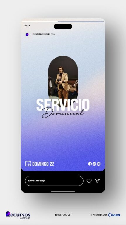 Plantilla formato vertical para el culto dominical en color morado pastel