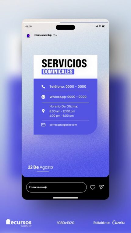 Plantilla vertical editable para servicios dominicales: información y horarios