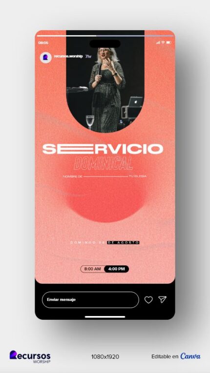 Plantilla vertical personalizada para el servicio dominical con fondo rojo pastel