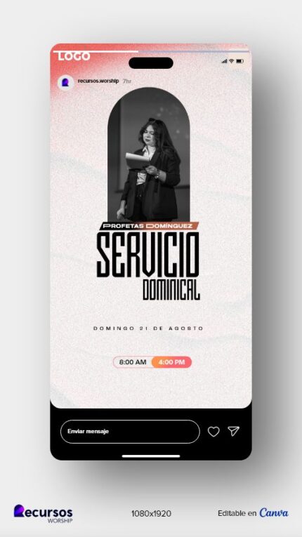 Plantilla vertical editable en Canva y Photoshop para culto dominical con temática blanco y naranja PSD