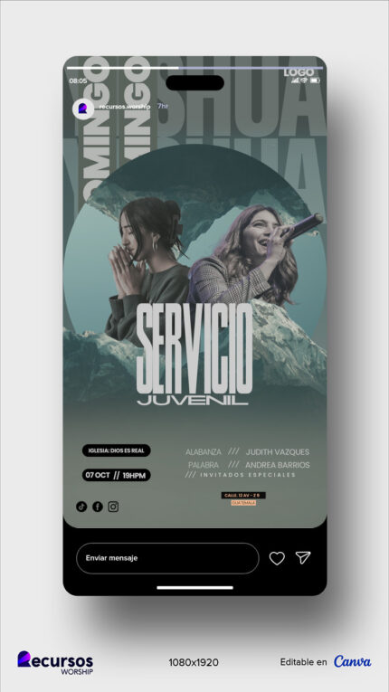 Simulación de teléfono celular mostrando arte digital para servicios de jóvenes