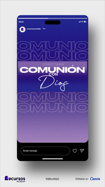 mockup de smartphone con plantilla cristiana en tonos violetas y púrpuras