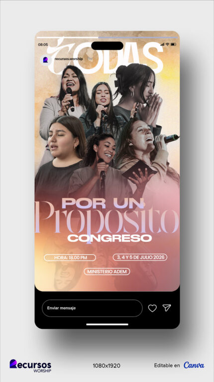 Maqueta digital de banner para servicios cristianos exhibida en un salón de actos