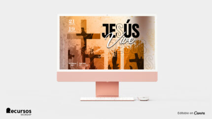 Montaje profesional de la plantilla de adoración en una pantalla panorámica de iglesia.