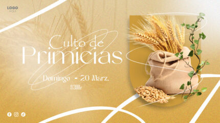 Portada informativa de la plantilla profesional para anuncios de servicios de primicias eclesiásticas.