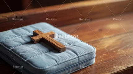 Vista detallada de biblia cerrada y cruz de madera oscura apoyada sobre superficie de madera con iluminación suave.
