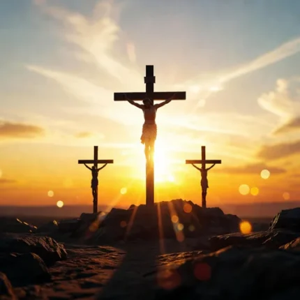 Silueta de Jesucristo en la cruz central flanqueado por dos cruces bajo un resplandor solar dorado y cielo naranja.