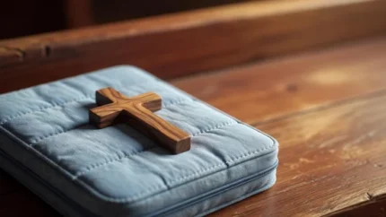 Primer plano de una pequeña cruz de madera pulida sobre una Biblia con funda acolchada azul claro y fondo bokeh.
