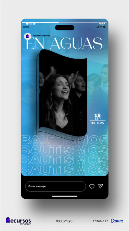 Folleto decorativo de bautizo mostrado en un dispositivo móvil para redes sociales