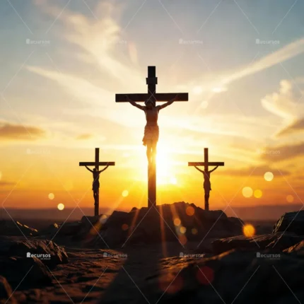 Tres cruces negras sobre un terreno rocoso frente a un horizonte luminoso con destellos de lente y enfoque suave.