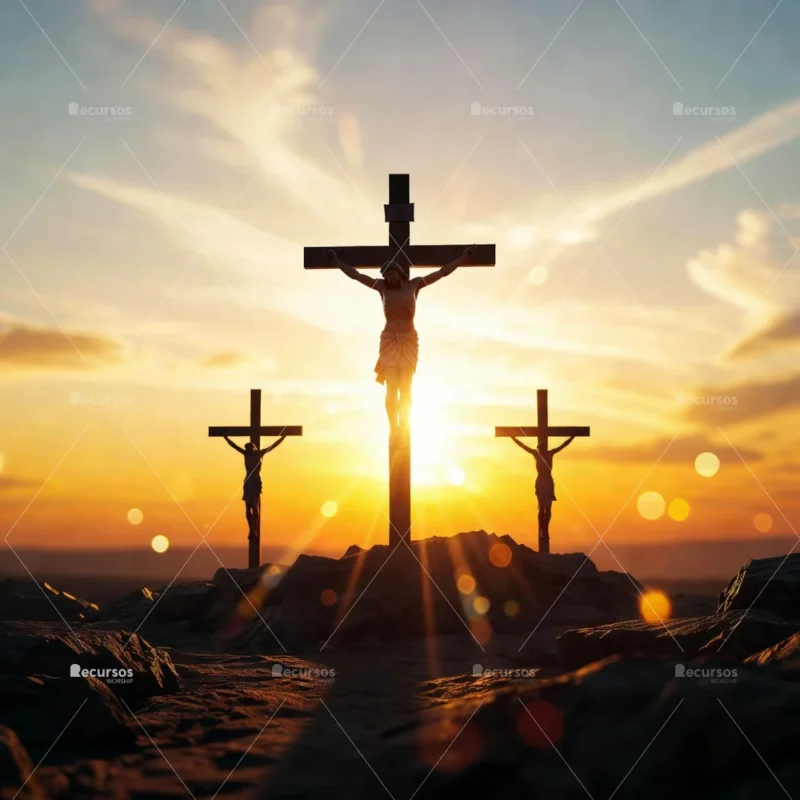 Tres cruces negras sobre un terreno rocoso frente a un horizonte luminoso con destellos de lente y enfoque suave.