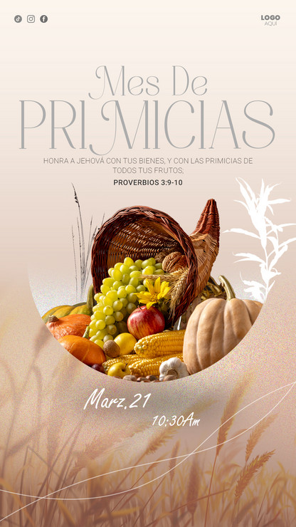 Diseño para redes sociales sobre gratitud y primicias cristianas con gradientes cálidos