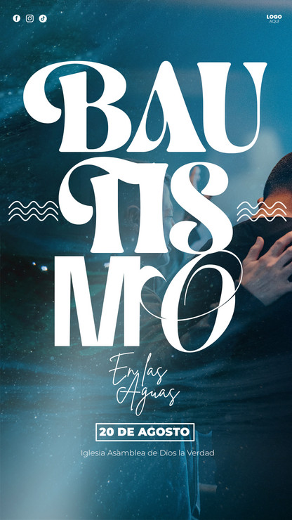 Imagen vertical de carátula para invitación de bautizo en tonos azules profundos