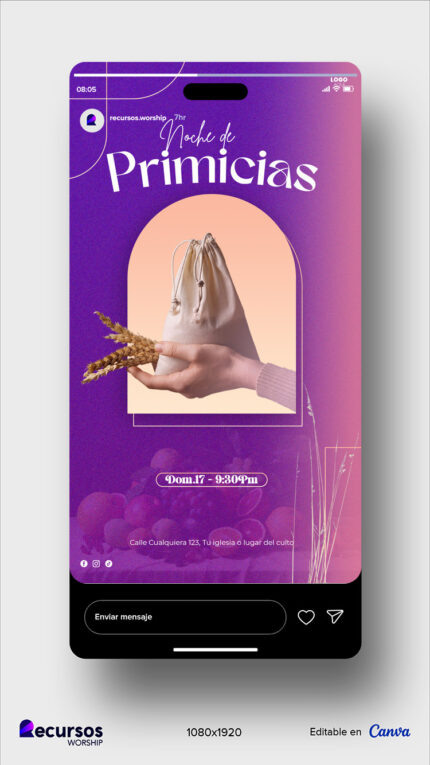 Visualización móvil de plantilla para redes sociales de iglesias primicias