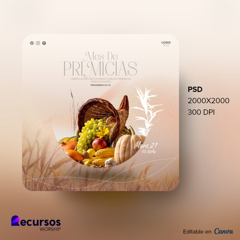 Plantilla de Primicias, abundancia de cosechas editable para iglesia con cornucopia y cosechas