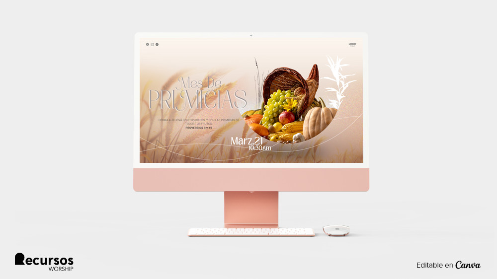 Gráfico panorámico de primicias con símbolos de abundancia agrícola y tonos ocres