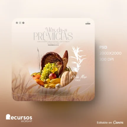modelo de Primícias, abundância de colheitas editável para igreja 1:1 Canva — mockup, 1:1