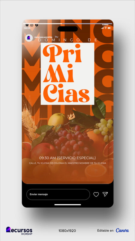 Celular mostrando el diseño de invitación para evento de primicias religiosas