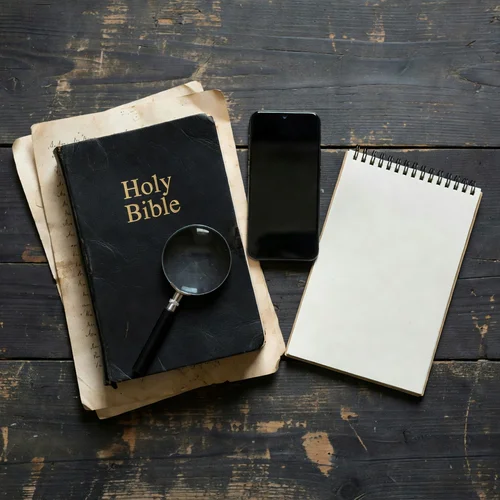 Biblia de cuero negro, lupa, celular y libreta sobre mesa de madera rústica con luz suave lateral.