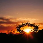Silueta detallada de una corona de espinas contra un cielo naranja intenso de atardecer con destellos de luz solar.