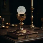 Cáliz de oro con hostia grabada IHS sobre libro de oraciones de cuero en un altar de madera con iluminación dramática.