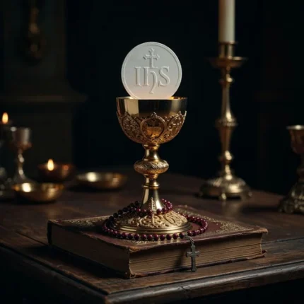 Cáliz de oro con hostia grabada IHS sobre libro de oraciones de cuero en un altar de madera con iluminación dramática.