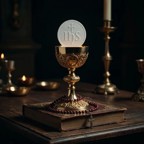 Cáliz de oro con hostia grabada IHS sobre libro de oraciones de cuero en un altar de madera con iluminación dramática.
