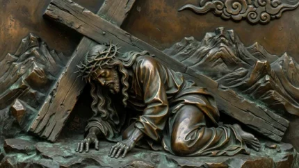 Relieve en bronce oscuro de Jesús cayendo bajo la cruz con corona de espinas y túnica de pliegues realistas.