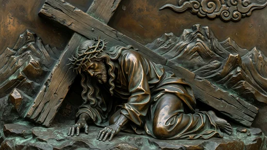 Relieve en bronce oscuro de Jesús cayendo bajo la cruz con corona de espinas y túnica de pliegues realistas.