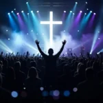 Silueta de persona con brazos levantados frente a cruz blanca iluminada con luces azules y violetas en un concierto.