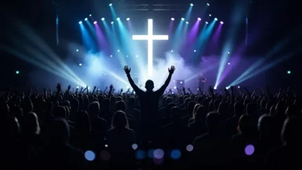 Silueta de persona con brazos levantados frente a cruz blanca iluminada con luces azules y violetas en un concierto.