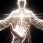 Figura luminosa de Cristo en luz blanca etérea con silueta de cruz y mano extendida hacia adelante sobre fondo negro.