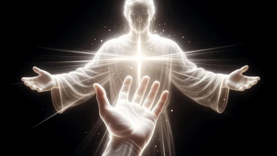Figura luminosa de Cristo en luz blanca etérea con silueta de cruz y mano extendida hacia adelante sobre fondo negro.