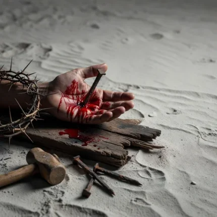 Mano con un clavo de hierro atravesado, sangre roja fluyendo sobre madera oscura y corona de espinas desenfocada.