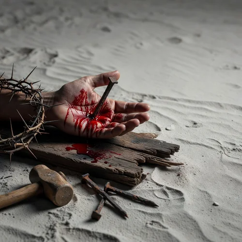 Mano con un clavo de hierro atravesado, sangre roja fluyendo sobre madera oscura y corona de espinas desenfocada.