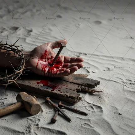 Primer plano de mano herida por clavo rustico en ambiente desolado de arena blanca con mazo y espinas laterales.