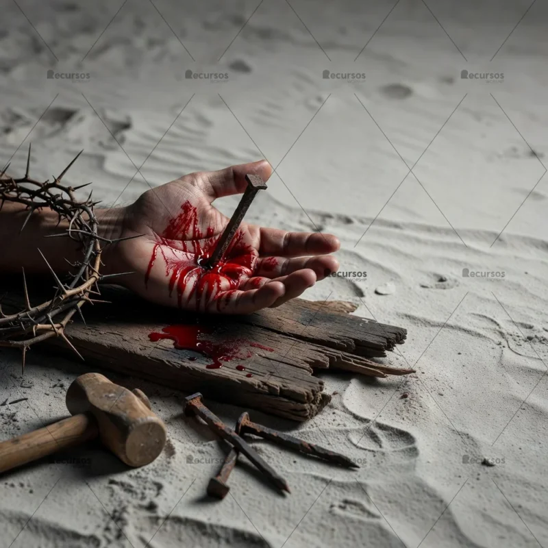 Primer plano de mano herida por clavo rustico en ambiente desolado de arena blanca con mazo y espinas laterales.