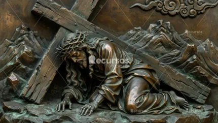 Escultura metálica de Jesús arrodillado sujetando la cruz sobre un fondo de montañas y nubes estilizadas.