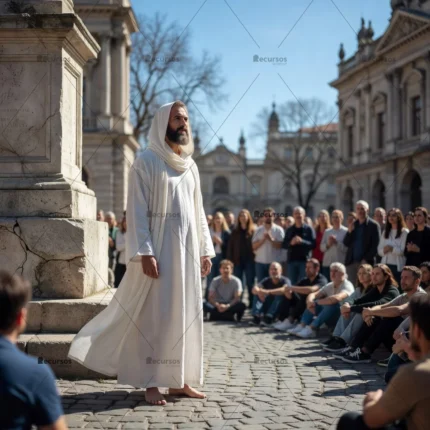 Personaje con vestimenta antigua y capucha en una plaza europea rodeado de gente en una interpretación dramática.