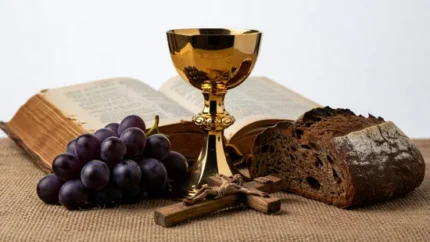 Cáliz dorado con pan artesanal roto, racimo de uvas moradas y biblia antigua sobre tela de yute y fondo blanco.