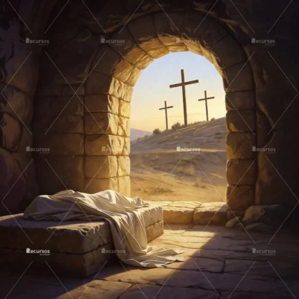 Pintura expresiva de arco de piedra iluminado, lienzo de tela blanca en sombras y colina lejana con siluetas de cruces.