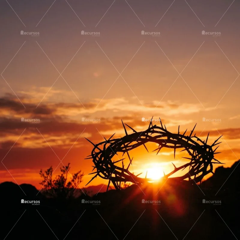 Primer plano de ramas espinosas iluminadas por un sol poniente rojo y azul, creando un efecto de halo divino en el horizonte.