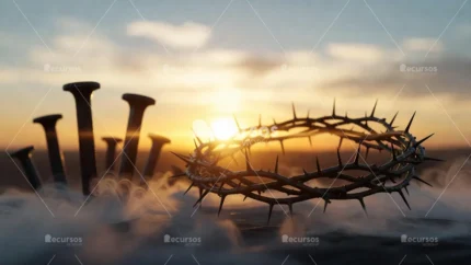 Símbolos religiosos en sombras proyectadas contra un fondo etéreo azul y ámbar con desenfoque bokeh profesional.