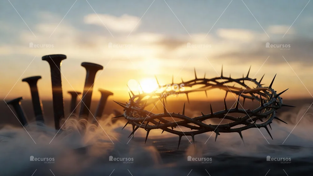 Símbolos religiosos en sombras proyectadas contra un fondo etéreo azul y ámbar con desenfoque bokeh profesional.