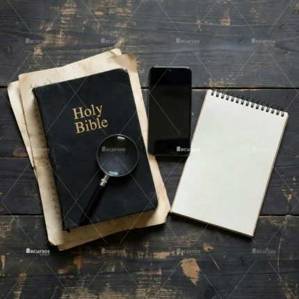 Fotografía desde arriba de una Biblia antigua, papeles de pergamino, smartphone negro y una lupa sobre madera oscura.