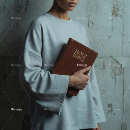 Detalle de manos sujetando una Biblia con letras doradas en un ambiente de luz tenue y estilo industrial desaturado.