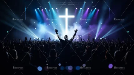 Multitud en silueta rindiendo culto ante una cruz resplandeciente con destellos cian y bokeh en primer plano.