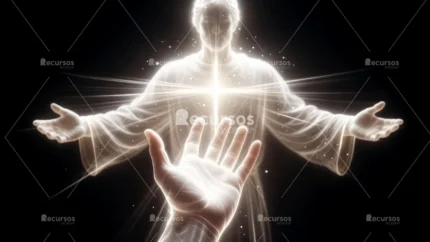 Mano abierta y torso de luz divina brillante con efecto de desenfoque de movimiento en una composición cinematográfica.