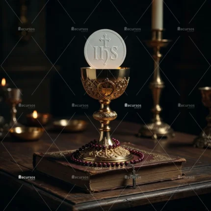 Primer plano de pan consagrado en copa dorada junto a un rosario burdeos en un ambiente solemne con fondo desenfocado.